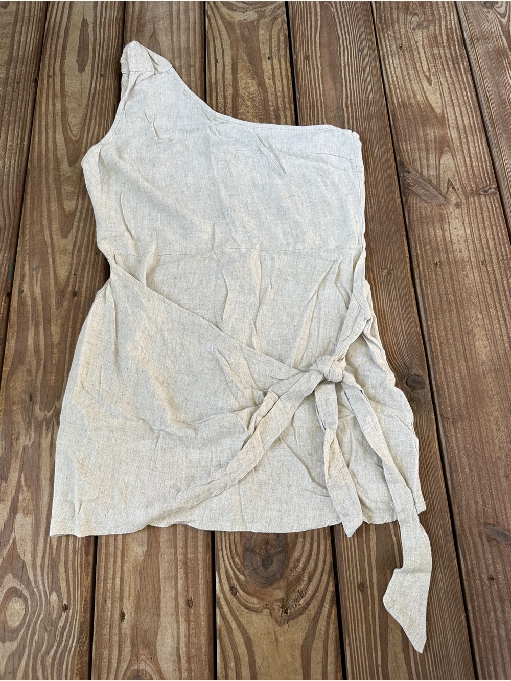 PrettyLittleThing Stone Linen Blend One Shoulder Tie Waist Mini Dress 8